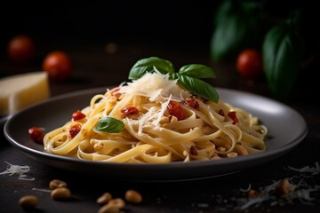 Pasta with tomatoes, basil, mozzarella and pine nuts on table 