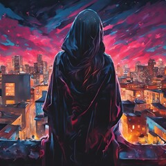 painting of a cloaked figure on a rooftop overlooking a city - obrazy, fototapety, plakaty