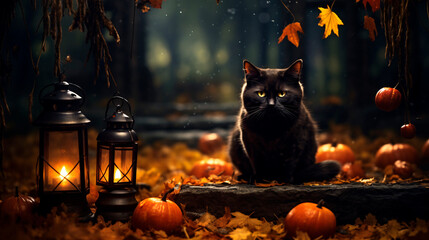 Halloween background with cute animals and pumpkins in  autumn colors and commercial photo style 