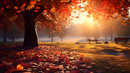 Naklejka na ściany i meble Autumn landscape. Park in the morning mist with trees and bench