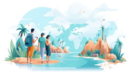 Illustration where people travel, discover new places and enjoy life - obrazy, fototapety, plakaty