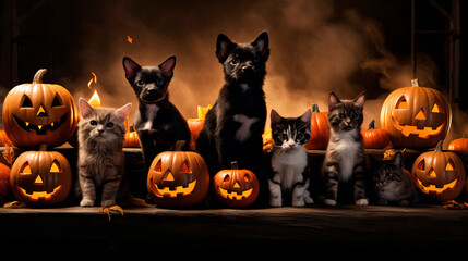 Halloween background with cute animals and pumpkins in  autumn colors and commercial photo style 