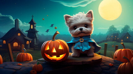 Halloween background with cute animals and pumpkins in  autumn colors and commercial photo style 