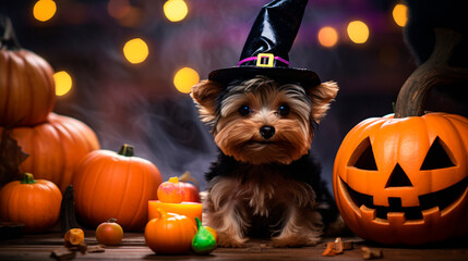 Halloween background with cute animals and pumpkins in  autumn colors and commercial photo style 