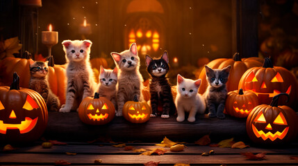Halloween background with cute animals and pumpkins in  autumn colors and commercial photo style 