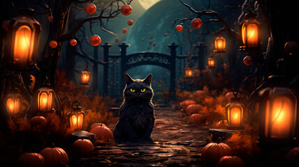 Halloween background with cute animals and pumpkins in  autumn colors and commercial photo style 