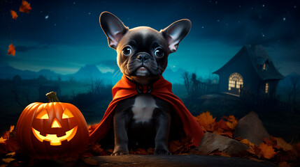 Halloween background with cute animals and pumpkins in  autumn colors and commercial photo style 