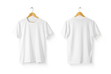Blank White T-Shirt Mock-up on wooden hanger, front and rear side view.  Isolated on a transparent background, PNG. High resolution.