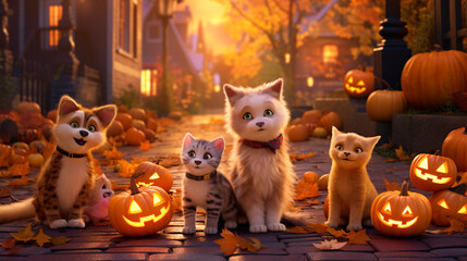 Halloween background with cute animals and pumpkins in  autumn colors and commercial photo style 