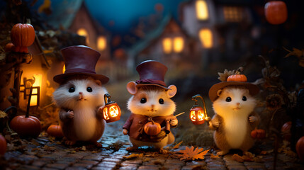 Halloween background with cute animals and pumpkins in  autumn colors and commercial photo style 