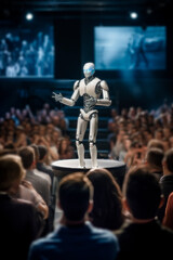 A futuristic robot giving a speech to a large group of people who listen absorbed, out of focus faces, vertical