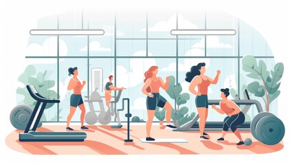 Llustration in which people spend time actively in the gym and take care of their shape and health