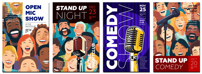 Stand up comedy show poster set. Open mic night placard template collection. Retro microphone with laughing people on colorful print. Promotional typography banner design. Vector eps illustration - obrazy, fototapety, plakaty
