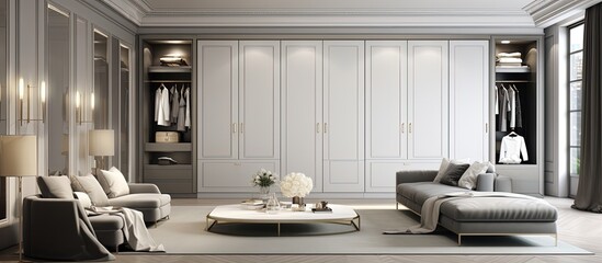 Modern illustration of a stylish apartment with a spacious wardrobe and contemporary interior.