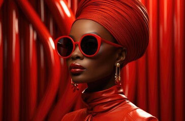 High fashion studio portrait of young african or american woman with sunglasses, beautiful makeup, luxury style, fashion trendy