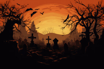 Fototapeta na wymiar Halloween Graveyard, Silhouette, Generative AI