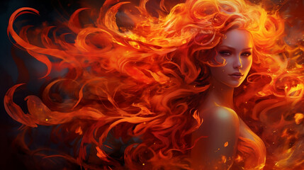 Flame Elemental, The Pyromancer, Fuego, Flame Queen, Firebender, A beautiful woman who controls fire. Generative AI.