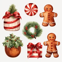 A set of Christmas clipart with a white backdrop, encompassing elements like a gingerbread doll
, Christmas tree, holy branch, and Christmas presents.