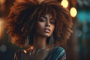 Fototapeta premium Afro - Evolving from African heritage, the afro showcases natural hair texture, volume, and resilience, symbolizing pride, identity, and embracing one's cultural roots (Generative AI)