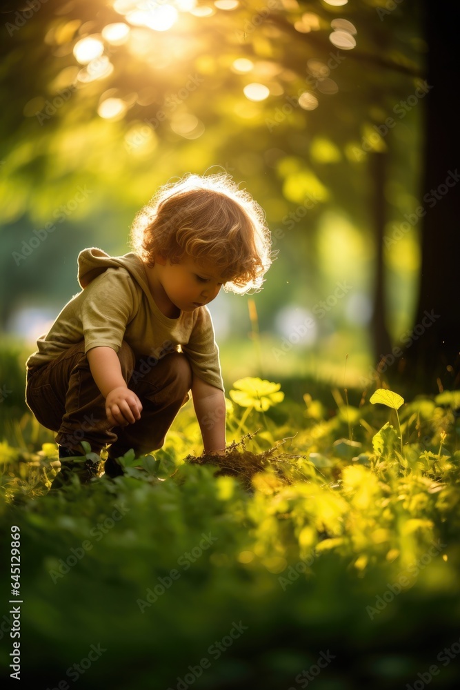 Poster a small child is playing in the grass. generative ai.