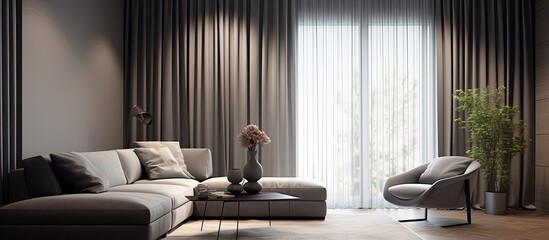 Fototapeta premium Sunlight shining through a grey curtain in a living room.