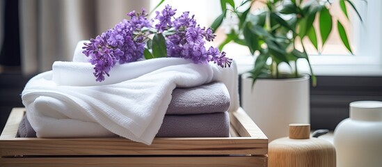 Decorative towels and floral accents in wooden box enhance home's coziness.