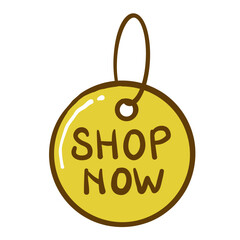 Shop now tag label icon vector illustration design,  cartoon art style