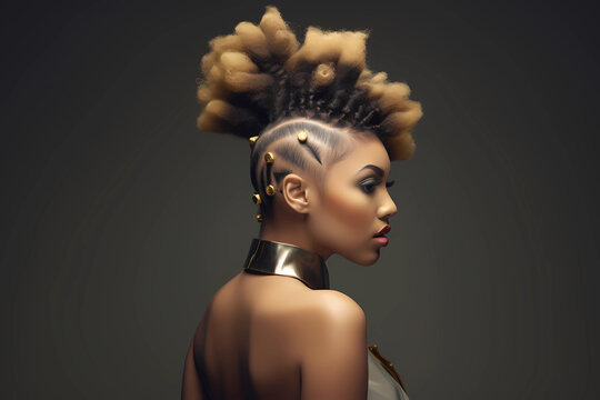 Mohawk Bantu Knots - A creative and unique fusion of the Mohawk and Bantu knots, featuring a central strip of hair styled in knots while the sides are shaved or closely cropped (Generative AI)