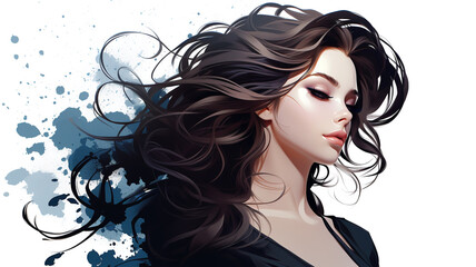 Barbershop logo, hair salon, girl with luxurious hair, cosmetology and hair health concept