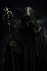 Fototapeta na wymiar grim reaper with scythe, staff. halloween skeleton character illustration in a hood. death in a black hoodie