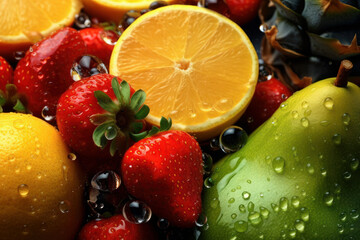 texture of fresh fruits and berries with water drops. vitamins and healthy food. vegetarianism and organic food.