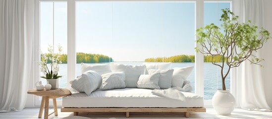 Scandinavian interior showcasing a white living room with a window revealing a summer landscape and a sofa. illustration.