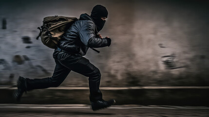 The masked and black-clad thief quickly flees the scene with a bag of stolen goods. Crime on the streets of the city, theft.