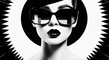 Sexy woman wearing sunglasses in the style of minimalist, black and white shapes on background. © Pro Hi-Res