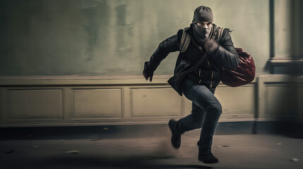 The masked and black-clad thief quickly flees the scene with a bag of stolen goods. Crime on the streets of the city, theft.