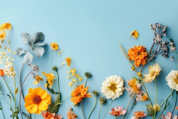 Obraz premium View from above and scattered on a blue background, spring flowers with copy space.