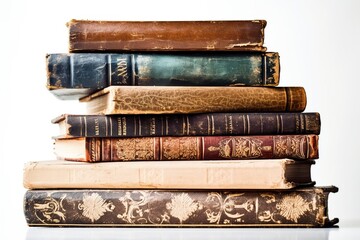 Various old, stacked, historical books, isolated on white background.