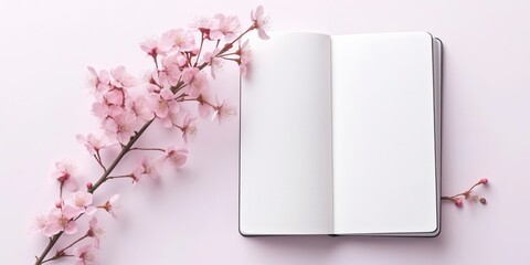A sprig of flowers decorates a blank notebook on a table, new feminine purposes.