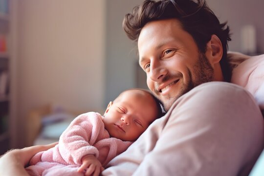 A drowsy father with his baby, held in his arms, in a park.