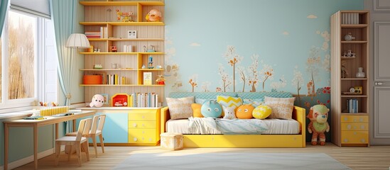 Cozy child's room with vibrant lighting.