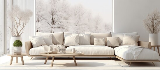 Scandinavian design illustration of a white sofa in a living room.