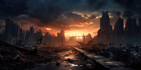 Apocalyptic landscape with rubble and ruins, post apocalypse city at sunset - obrazy, fototapety, plakaty