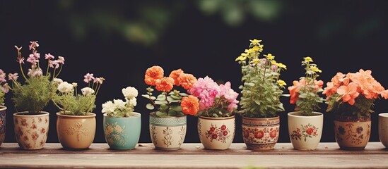 Floral image of vintage potted flowers with bokeh background.