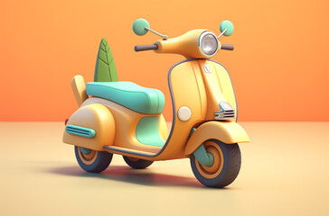 Fototapeta na wymiar A petite motor scooter, designed in a playful 3D animated style with pastel tones of light orange, featuring charming character designs. Generative AI.