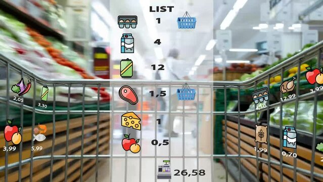 Futuristic shopping trolley in grocery store. Supermarket cart with holographic interface showing goods prices. Augmented reality. Animation. High quality 4k footage