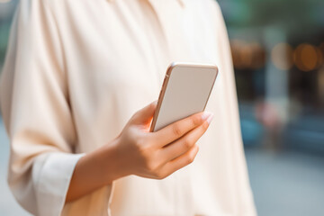 Close up of woman finger touching her white mobile screen and using the phone to check something.