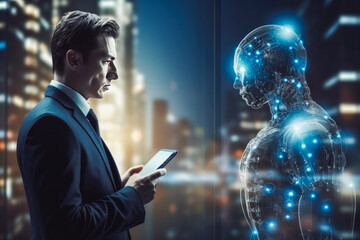 Man standing and talking to a robot, digital chat bot robot conversation assistant