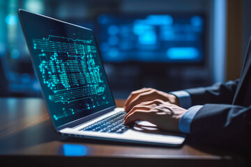 Close up of coding programmer working on his laptop using circuit board