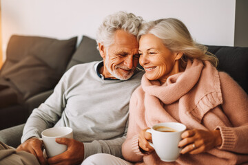 Loving senior caucasian couple sitting together and drinking tea, enjoying and smiling.