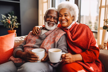 Loving senior african american couple sitting together and drinking tea, enjoying and smiling.